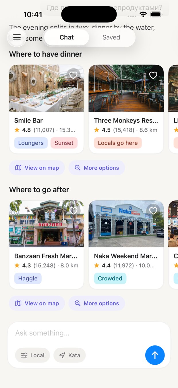 The Phuket Kub chat screen: an answer about where to have dinner with place cards