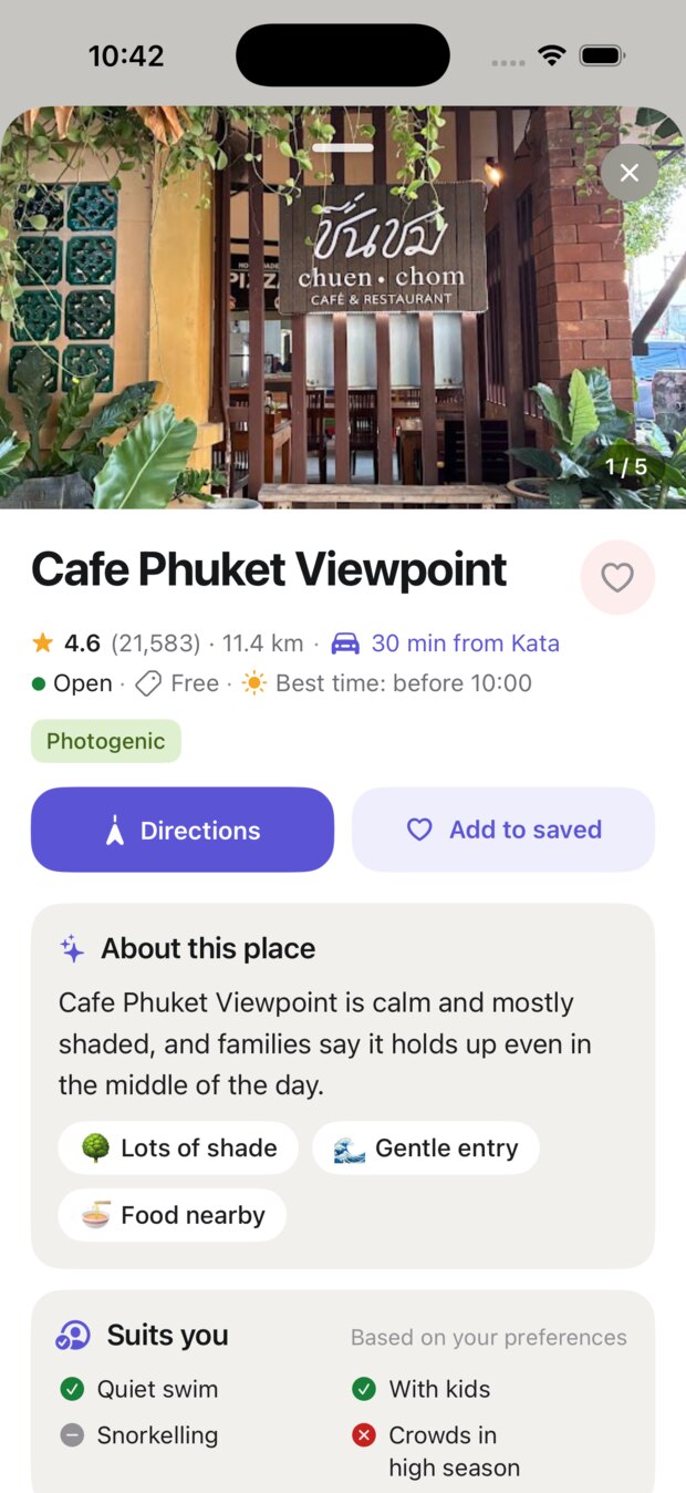 A Phuket place card: photo, rating, hours and description